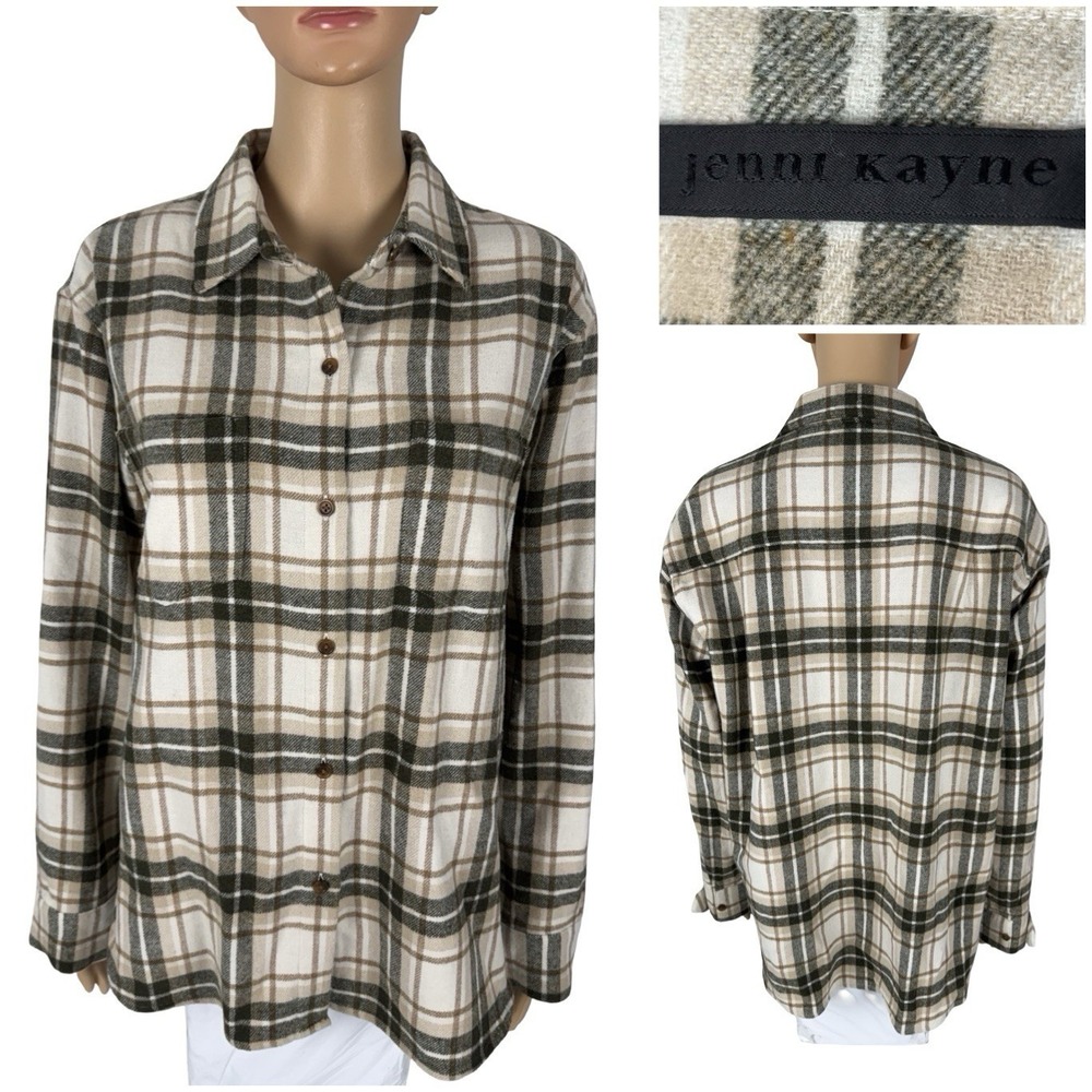 Jenni Kayne Womens Medium Shirt Button Plaid Wool Blend Flannel Beige Green EUC